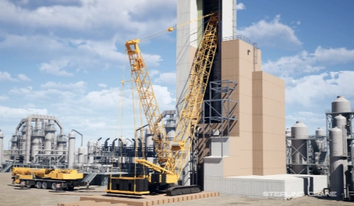 Two cranes lift and replace a heavy oil and gas reactor.